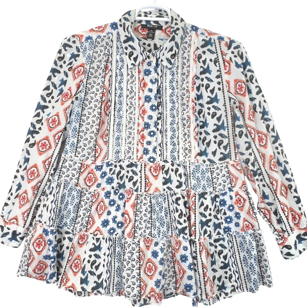 Style‎ & Co Patchwork Tunic Blouse Tiered Ruffle Pintuck Lace Top Womens Size M